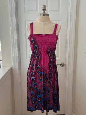 QB Fashion hot pink beach dress with peacock design